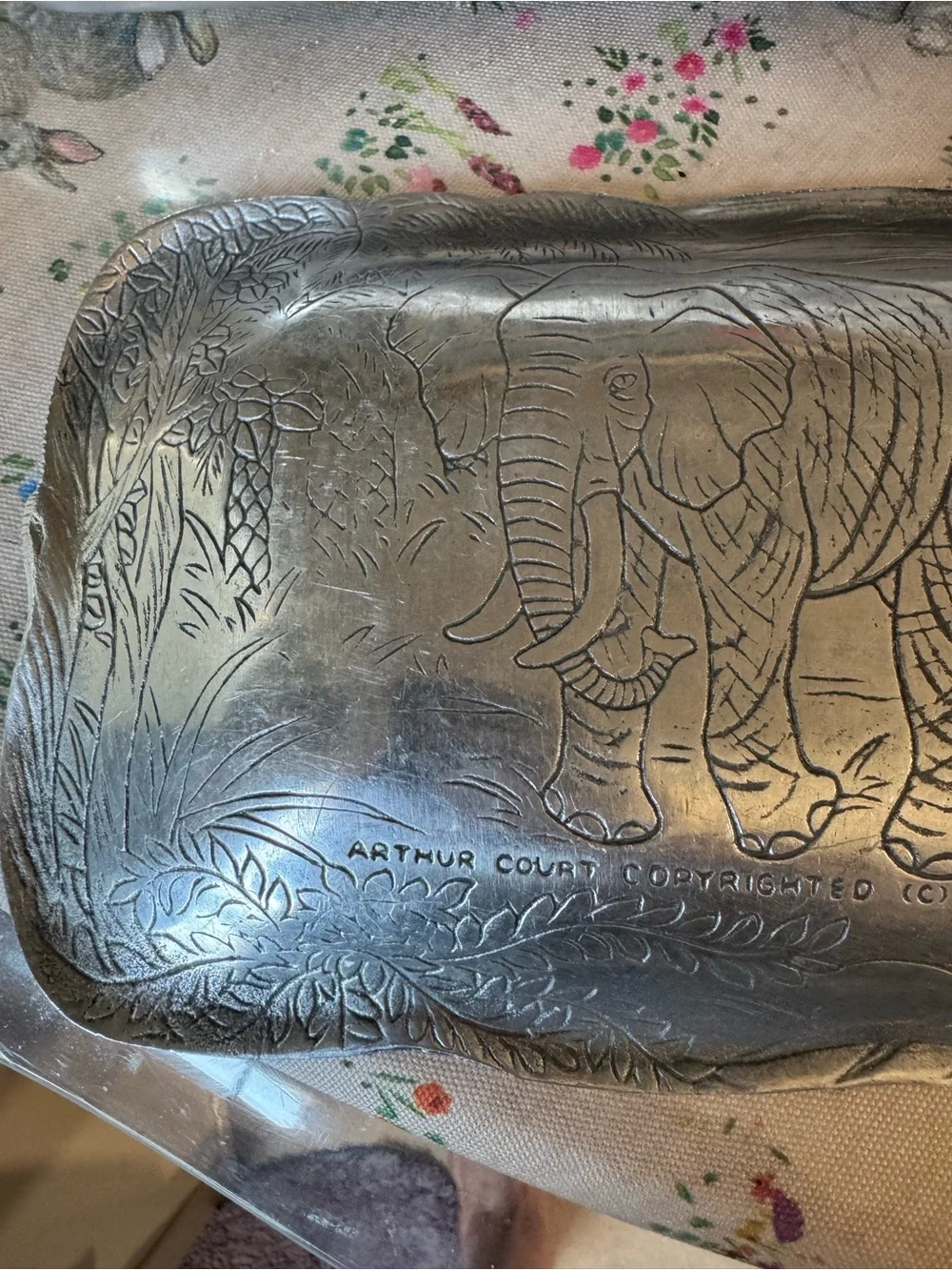 vintage Arthur Court Elephant Serving Tray, embossed safari scene-aluminum